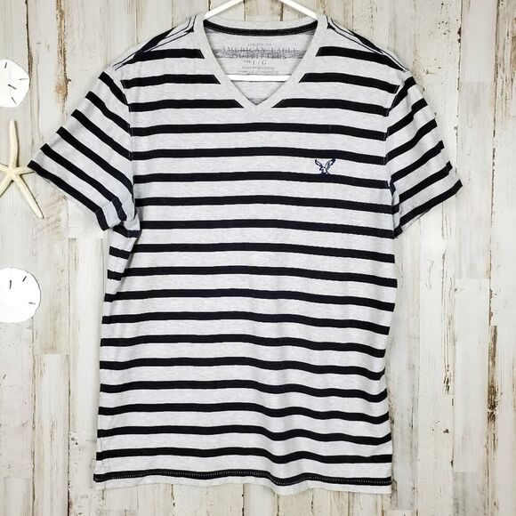 American Eagle Outfitters Striped V Neck Top Blue & Gray Large - Picture 1 of 10